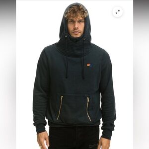 Aviator Nation Black Hoodie with Gold Zippers and Small Multicolor Logo